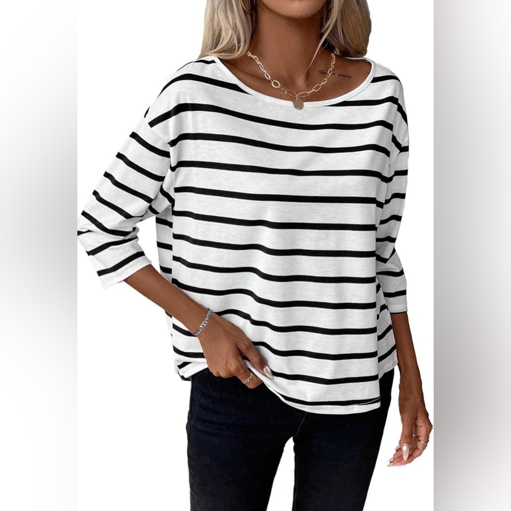 NEW! LilyCoco 3/4 Length Sleeve Tops Striped Boat Neck Shirt Frenchy Cotton Tee